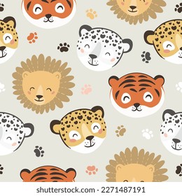 Lion, tiger, spot panther, snow leopard- wild animals portraits, seamless pattern with hand drawn art
