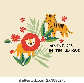 Lion and Tiger Vector with Leaves Jungle Trendy Summer Kids Print Illustration 