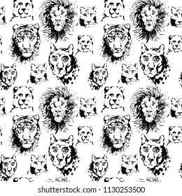 Lion and tiger vector seamless pattern. Black and white exotic animals design. Ink brushed.