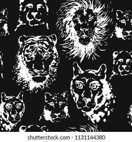 Lion and tiger vector seamless pattern. Black and white exotic animals design. Ink brushed.