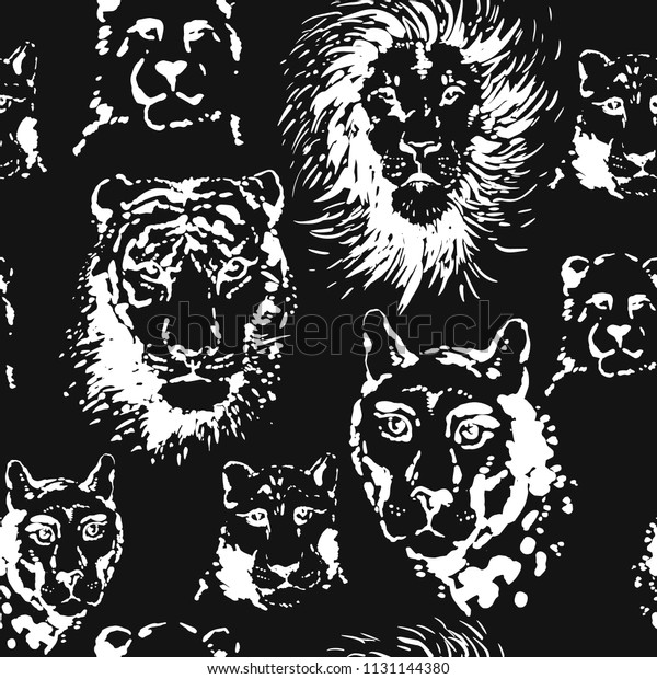 Lion Tiger Vector Seamless Pattern Black Stock Vector Royalty