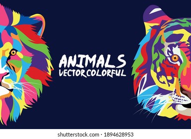 lion and tiger wild life technicolor in blue color background vector illustration design