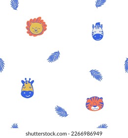 Lion, tiger, zebra, giraffe. Seamless pattern with vector hand drawn illustrations