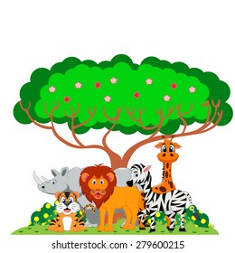 lion, tiger, zebra, rhino and giraffe were playing under a tree