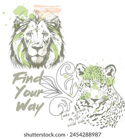 Lion and tiger's head vector illustration with white background.