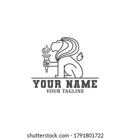 lion with torch line logo. vector illustration