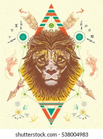 Lion totem tattoo, crossed arrows t-shirt design vector. Alchemy, religion, spirituality, occultism, boho totem art 