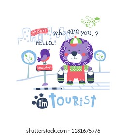 lion the tourist funny animal cartoon,vector illustration
