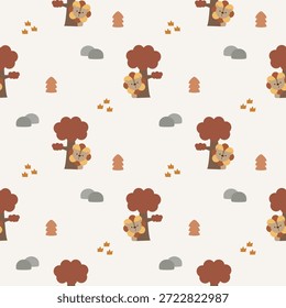 Lion and tree cartoon so cute. On rock grass background. Pattern seamless vector illustration. 