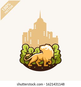 Lion with tree and sky background safari zoo logo vector	
