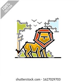 Lion with tree and sky background safari zoo logo vector	
