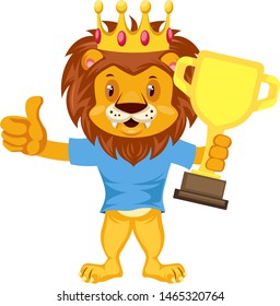 Lion with trophy, illustration, vector on white background.