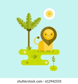 Lion with tropical background. Vector flat illustration