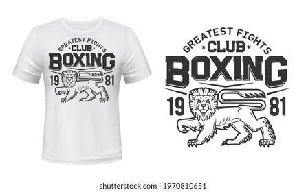 Lion t-shirt print mockup, boxing fight club team vector emblem. Angry lion or wild animal in rage mascot for boxing or kickboxing fighting club tournament or t shirt print