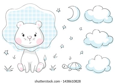 Lion and turtle baby cute set. Sweet tiny animals with star, grass, clouds and moon. Little night illustration for nursery t-shirt, kids apparel, birthday card, invitation, pajamas and playroom decor
