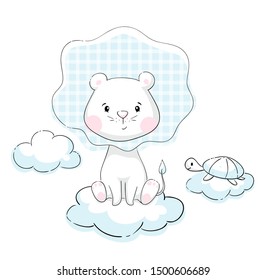 Lion and turtle on cloud baby cute print. Sweet tiny animals. Little animal illustration for nursery t-shirt, kids apparel, birthday card, invitation. Child graphic for pajamas, playroom decor