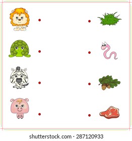 lion, turtle, zebra and pig with their food (grass, worm, acorn and meat). Game for children: make the right choice and connect the dots