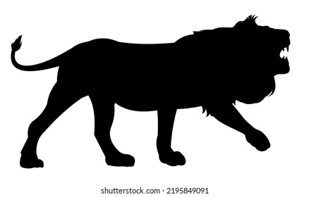Lion is unhappy and growls. African savanna predator. Silhouette picture. Dangerous animal in natural conditions. Isolated on white background. Vector