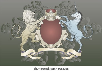 Lion and Unicorn Coat of Arms (leaves) A shield coat of arms element featuring a lion, unicorn, crown and oak leaf scrolls