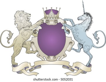 Lion and Unicorn Coat of Arms (no leaves) A shield coat of arms element featuring a lion, unicorn and crown