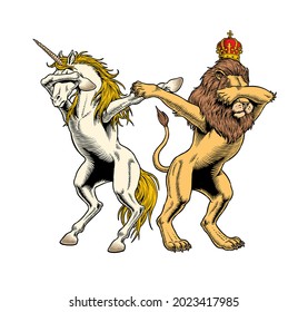 The Lion and the Unicorn dabbing. Funny royal heraldic symbols. Dab meme dance move. Comic style vector illustration.