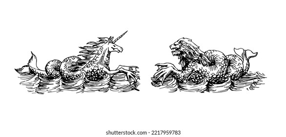 Lion and unicorn. For a diving logo or emblem. Sea monsters. Vector illustration with black ink, isolated on a white background in a hand drawn style.