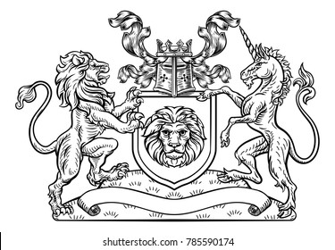 A lion and unicorn heraldic coat of arms shield crest emblem in a vintage retro woodcut style