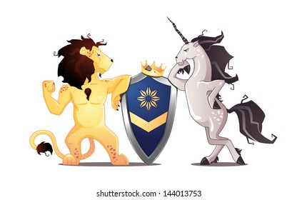 Lion And Unicorn Standing Beside The Shield With The Coat Of Arms And A Crown. Illustration.