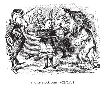 The Lion and the Unicorn - Through the Looking Glass original book engraving. Haigha took a large cake out of the bag, and gave it to Alice to hold, while he got out a dish and carving-knife