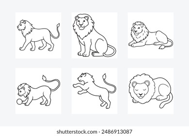 Línea de Paquete de Vector León Ilustración vectorial de arte. Atrapar leones, saltar, acostarse, sentarse, dormir, caminar.