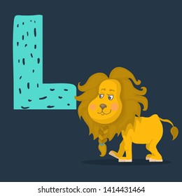 Lion vector character with letter L isolated on a dark background.Cute African animal cartoon childhood education