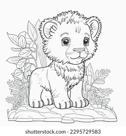 Lion vector coloring book black and white for kids and adults isolated line art on white background.