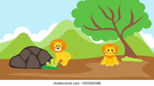 Lion Vector Cute Animals in Cartoon Style, Wild Animal, Designs for Baby clothes. Hand Drawn Characters