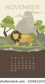 Lion. Vector Geometric Flat Style Wild Endangered Animals Calendar 2020. Editable Template Can Be And Used As A Desk, Table Or Wall Calender