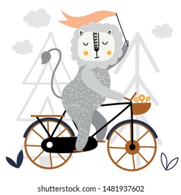 Lion vector hand drawn illustration. Animal rides a bike, drawing in Scandinavian style. Cute cartoon lion character poster. 