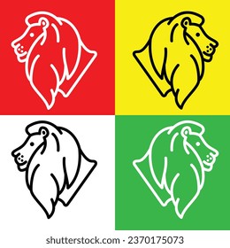 Icono del vector del león, icono de estilo lineal, de la colección de iconos de la cabeza animal, aislado en fondo rojo, amarillo, blanco y verde.