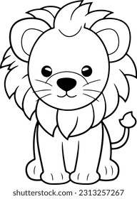 Lion vector illustration. Black and white outline Lion coloring book or page for children