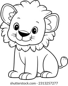 Lion vector illustration. Black and white outline Lion coloring book or page for children