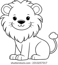 Lion vector illustration. Black and white outline Lion coloring book or page for children