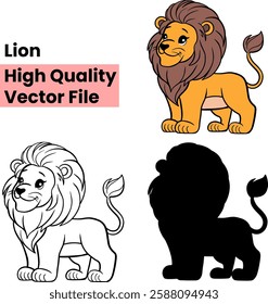 Lion Vector Illustration - Cute Cartoon Lion in Color, Black and White, and Silhouette
