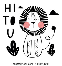 Lion vector print.Scandinavian style.Design for  cards, posters, cards, t-shirts, book, textile.