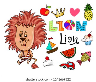 Lion. Vector set of hand drawn phrase and images: lion,  apple, heart, crown, ship, fish, watermelon, auto, hat, pineapple, ball, cupcake.