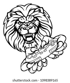 A lion video game player online gamer animal mascot holding a controller