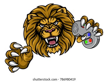 A lion video game player online sports gamer animal mascot holding a controller