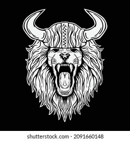 lion viking black and white illustration print on t-shirts,jacket,souvenirs or tattoo free vector