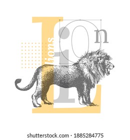 Lion. Vintage vector illustration. Composition of a drawing of a wild animal and lettering