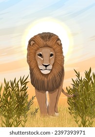 A lion are walking on the African savannah. Dry grass, shrubs and stones. African wild predators. Realistic vector vertical landscape