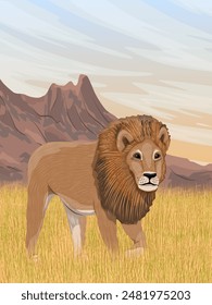 A lion are walking on the African savannah at the foot of the mountains. African wild predators. Realistic vector vertical landscape