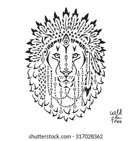 Lion in war bonnet, hand drawn animal illustration, native american poster, t-shirt design