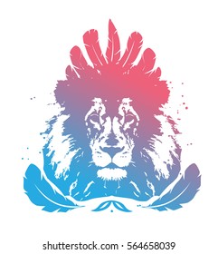 Lion in war bonnet, hand drawn animal illustration. Can be used in tattoo, t-shirt and apparel design. Totem, tribal print